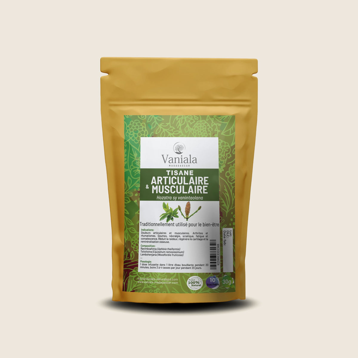 Joint Muscle Comfort Tea from Madagascar | Vanitea – herbal tea pouch on beige background