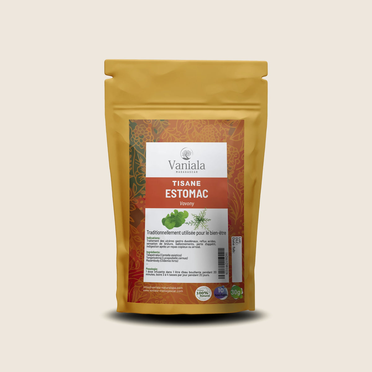 Stomach Comfort Tea from Madagascar | Vanitea – herbal tea pouch on beige background