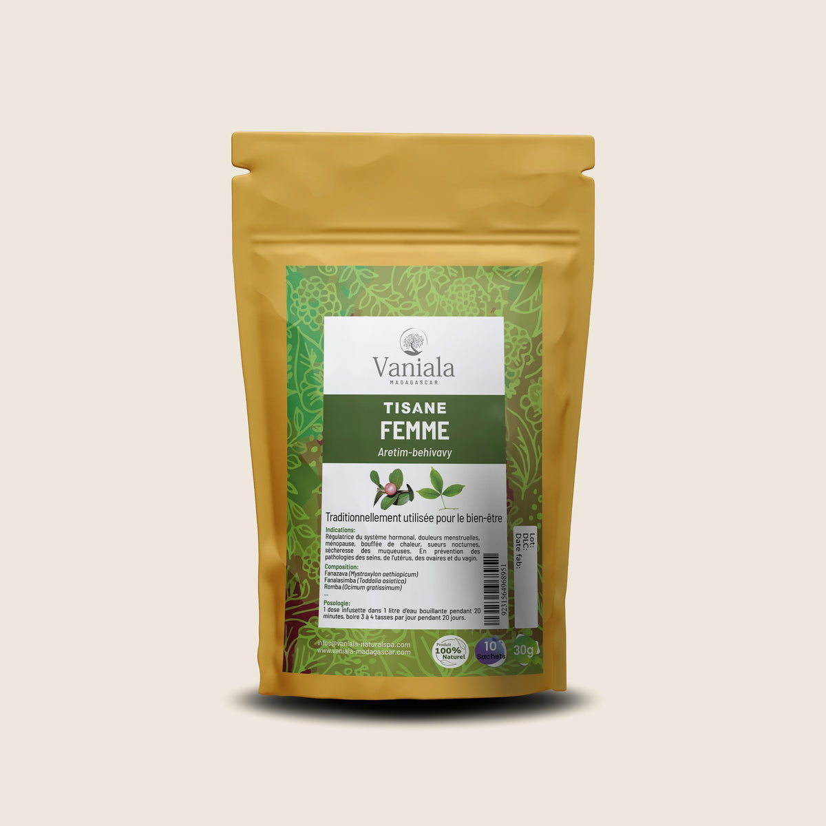 Women's Comfort Tea from Madagascar | Vanitea – herbal tea pouch on beige background