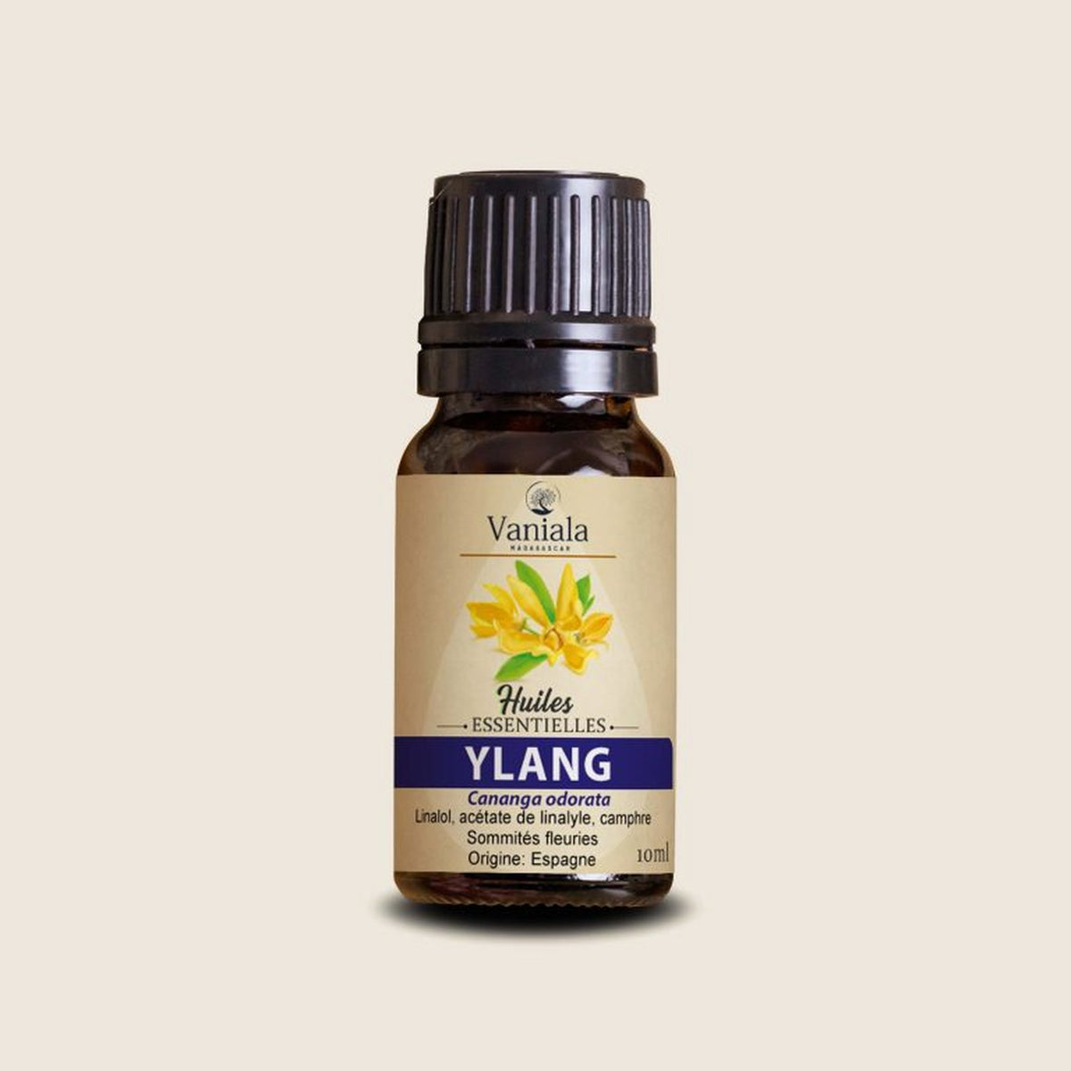 Ylang-Ylang Oil from Madagascar | Vaniala – essential oil bottle on beige background